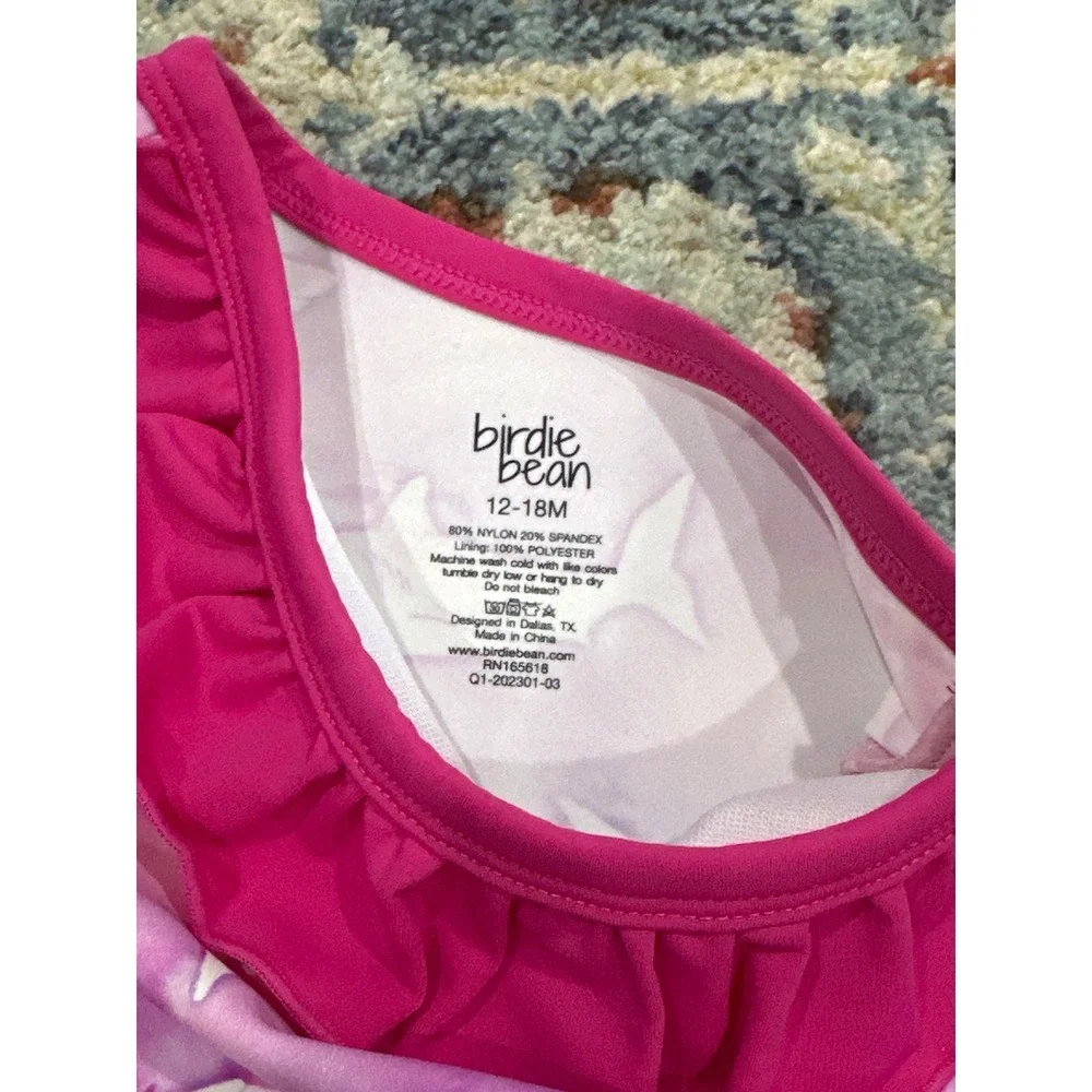 Birdie Bean Swimsuit Girls 12-18m Pink Shark One Sleeve Ruffle One Piece NWT‎